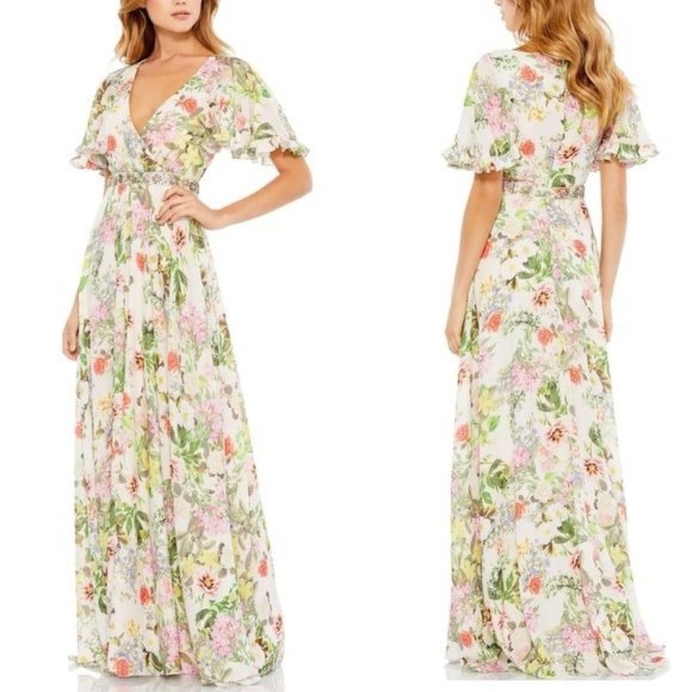 Mac Duggal 9079 Floral Chiffon Flutter Sleeve Gown Maxi Size 10 No Tags